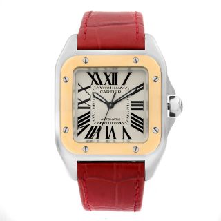 Cartier Santos 100 18k Gold Steel Silver Dial Automatic Midsize Watch W20107x7
