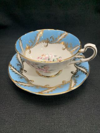 Wow Paragon Cup And Saucer Blue Gold White With Flowers Desirable
