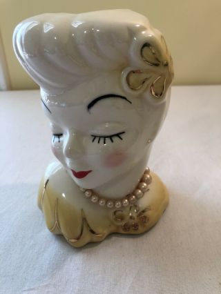 Vintage Glamour Lady Head Vase Usa Yellow Dress And Flower W/ Gold Accent 5 "