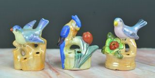 Set Of 3 Vintage Ceramic Luster Birds Flower Frog Made In Japan 5 Holes