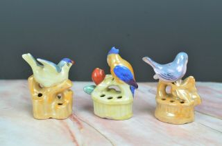 Set of 3 Vintage Ceramic Luster Birds Flower Frog Made in japan 5 Holes 2