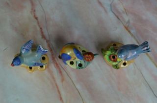Set of 3 Vintage Ceramic Luster Birds Flower Frog Made in japan 5 Holes 3