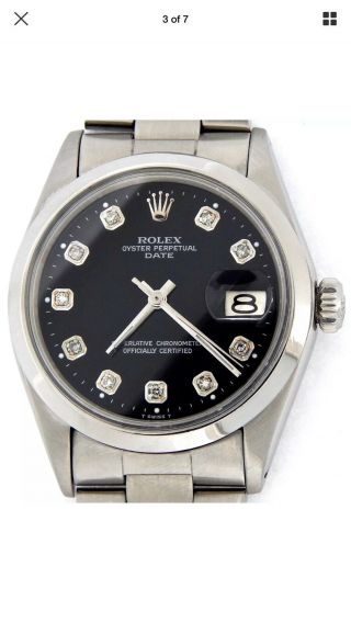 Mens Rolex Date Stainless Steel Watch Oyster Style Band Black Diamond Dial 1500