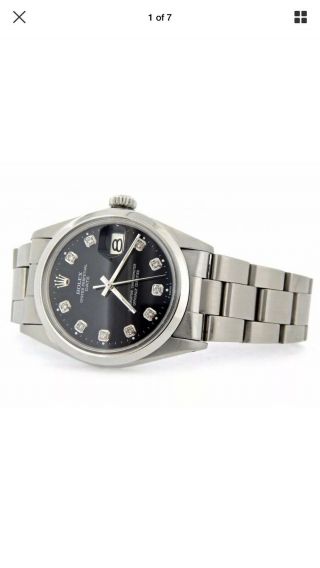 Mens Rolex Date Stainless Steel Watch Oyster Style Band Black Diamond Dial 1500 4