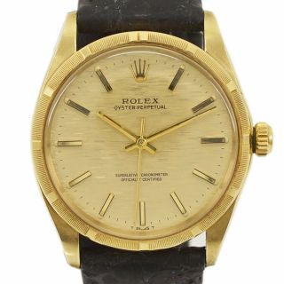 Auth Rolex Oyster Perpetual Automatic Leather Belt Watches 1003 14k Gold Mens