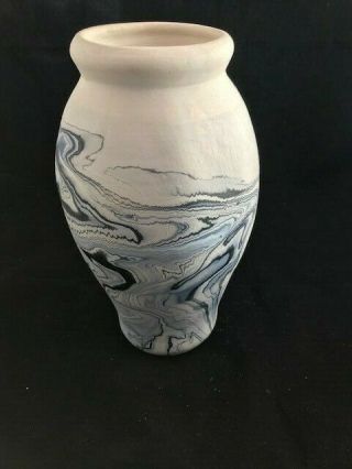 Nemadji Pottery Vase Blue White Swirl Pattern - Large