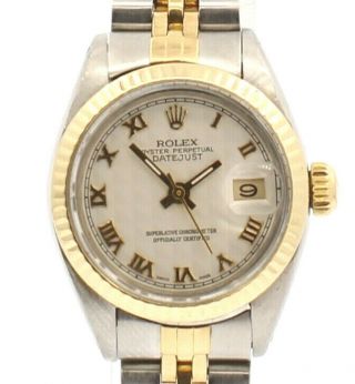 Rolex Oyster Perpetual Datejust 26mm Steel & Gold Ivory Pyramid Roman Dial Watch