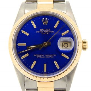 Rolex Date 15223 Men Stainless Steel 18k Yellow Gold Watch Oyster Band Blue Dial