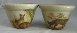 2 Monroe Salt Maine Pottery Custard Cups Small Bowls " Rabbits & Fox " Exc.