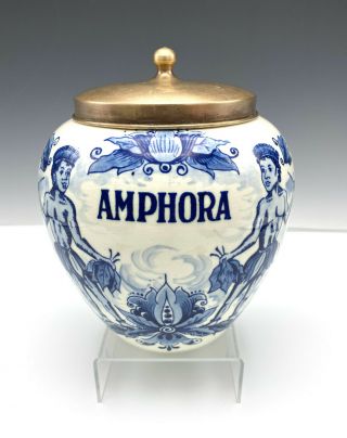Vintage Hand Painted Delft Blue Holland Amphora Tobacco Jar & Lid Apothecary