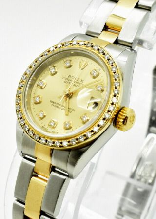 Auth Rolex Lady Datejust 18k Gold & Ss Diamond Dial & Bezel 79173 Oyster Watch