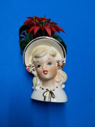 Vintage Christmas Blond Girl Head Vase Inarco E - 1274 With Flowers