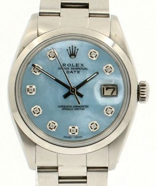 Mens Vintage Rolex Oyster Perpetual Date 34mm Blue Mop Dial Diamond Steel Watch