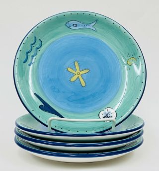 Kic Brushes Hand Painted Blue Sea Life Ocean Waves Salad Plates Set Of 4