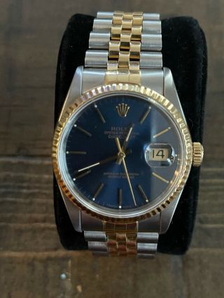 Blue Rolex Datejust Watch 16013 2 - Tone 18k Yellow Gold Steel Fluted Jubilee