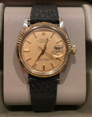 Rolex Oyster Perpetual Datejust Mens 36mm 1601 Watch Gold Bezel Stainless Case