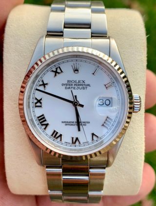 Mens Rolex Datejust Stainless Steel 18k White Gold Watch Silver Roman Dial 16234