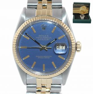 Blue Rolex Datejust 16013 Two Tone 18k Yellow Gold Steel Fluted Jubilee Watch