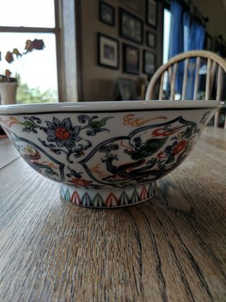 Vintage Dragon Noodle Rice Soup Bowl 8 " Diam Red Blue Green White