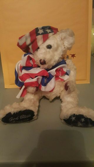 God Bless America Dressed Teddy Bear Dipped In Hardening Wax,  Unique,  Great Gift