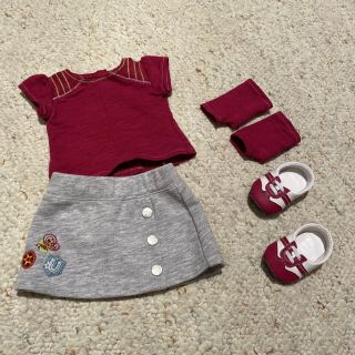 American Girl Doll Fresh And Fun Sneakers Arm Warmers Magenta Outfit Skirt Gray