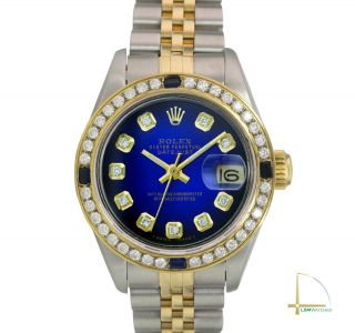 Lady Rolex Datejust 69173 18ky Steel Blue Vignette Diamond - Sapphire Bezel Watch