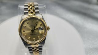 Rolex Mens Datejust 16233 Champagne Diamond Dial 18k Yellow Gold & Steel Watch