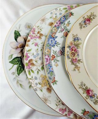 4 Vintage Mismatched China Dinner Plates Florals Gold Trim 9.  5 - 10 In.  43