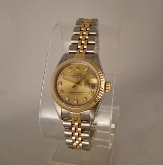 Rolex Datejust Ladies 18k Gold&steel Watch Champagne Factory Diamond Dial 69173