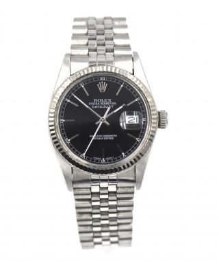 Vintage Gents Rolex Datejust 16014 Wristwatch Black Dial 18k Gold Stainless