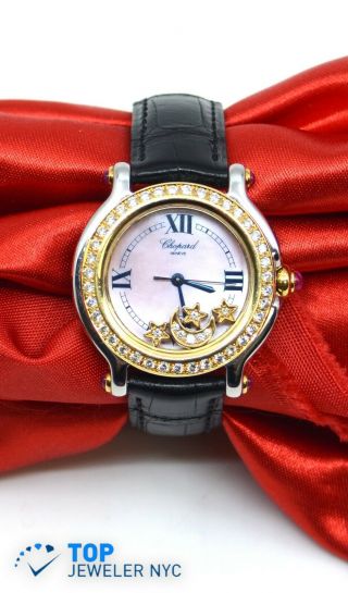 Chopard Happy Sport Stainless Steel Watch W/18k Yellow Gold Diamond Bezel & Moon