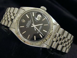 Rolex Datejust Mens Stainless Steel 18k White Gold Black W/ Jubilee Band 1601