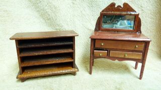 Dollhouse Miniatures Dark Red Wooden Bookshelf,  Chest Of Drawers Dresser 35