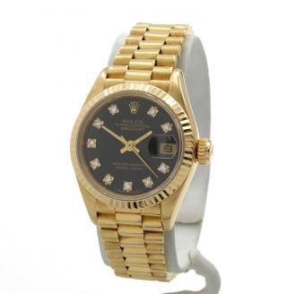 Ladies Rolex 18k Gold President Diamond Dial 69178 Black Dial Wristwatch 8971