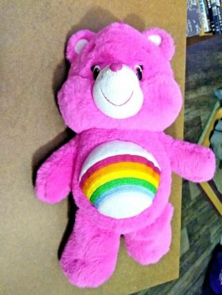 2014 Just Play Care Bears Pink Cheer Bear Rainbow Stuffed Plush Toy 13 " Tall