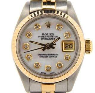 Rolex Datejust Ladies 2tone 18k Gold Steel Watch White Mop Diamond Dial 69173