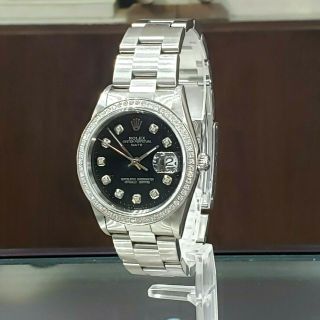 Mens Vintage Rolex Oyster Perpetual Date 34mm Black Dial Diamond Bezel Watch
