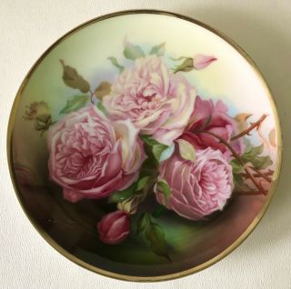 Antique Thomas Sevres Bavaria Bourbon Rose Hand Painted Porcelain Plate Signed