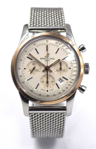 Gents Breitling Transocean Chronograph Wristwatch Ub0152 18k Rose Gold Stainless