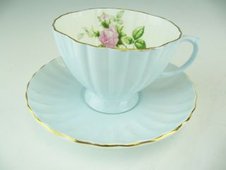 Eb Foley Tea Cup & Saucer Pale Blue Fluted Pink Roses