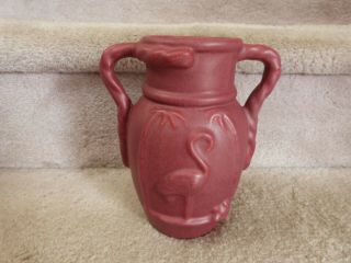 Vintage Niloak Matt Red / Rose / Maroon Flamingo Two Handle Pottery Vase 7.  5 "