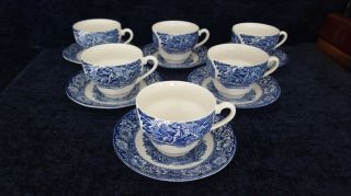 Set Of 6 Staffordshire Liberty Blue Tea Cups & Saucers - Immaculate &