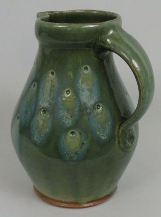 Vintage Art Pottery Pitcher Dimples Peacock Feathers Signed 2