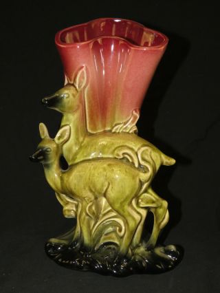 Vintage Mid - Century Hull Pottery 62 Doe & Fawn Deer Vase 11.  25 " Tall