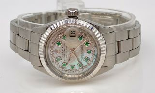 Estate $7000 Rolex Datejust 18k White Gold Ss Emerald Diamond Ladies Watch Wty