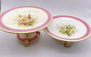 2 Antique 19th Century Royal Worcester Porcelain Hand Painted Compote Both