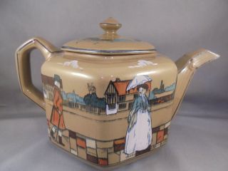 Antique Buffalo Pottery Deldare Ware Teapot Scenes of Village Life 2