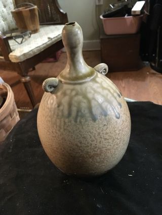 Modern Squat Thin Necked Art Pottery Ceramic Vase Interesting Glaze Signed