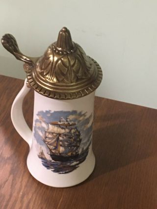 Vintage Nautical Decor / Nelson Mc Coy Pottery Stein / Sail Boat - Ship / Metal