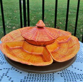 Retro Burnt Orange California Pottery Lazy Susan Chip & Dip Bowl Dish Set 870